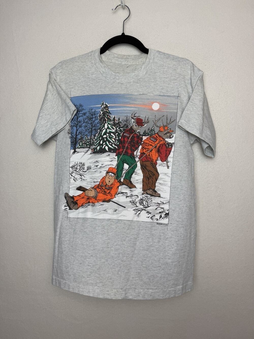 Vintage 1994 Deer Hunting Funny Graphic T-Shirt Short Sleeve Gray Size s